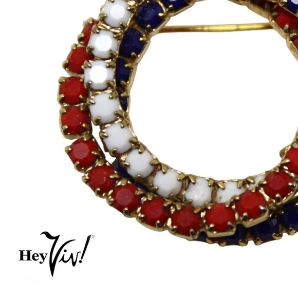 Vintage Red White & Blue Rhinestone Triple Circle Pin Patriotic 1 3/8" - Hey Viv - Picture 2 of 6